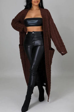 Winter Style Burgundy Cable Knit Long Sleeve Maxi Cardigan
