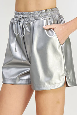 Glossy Silver Faux Leather Shorts