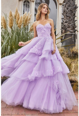 Italian Peony Floral Layered Tulle Lavender Purple Strapless Ball Gown