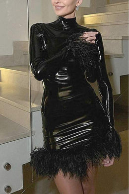 Black Patent Leather Long Feather Sleeve Mini Dress