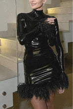 Load image into Gallery viewer, Black Patent Leather Long Feather Sleeve Mini Dress