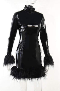 Black Patent Leather Long Feather Sleeve Mini Dress