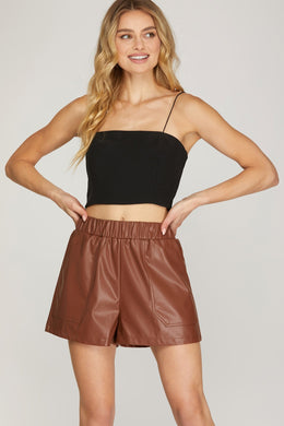 Pocketed High Waist Brown Faux Leather Shorts