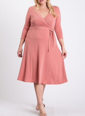 Plus Size 3/4 Sleeve Coral Pink V Neck Belted Wrap Dress