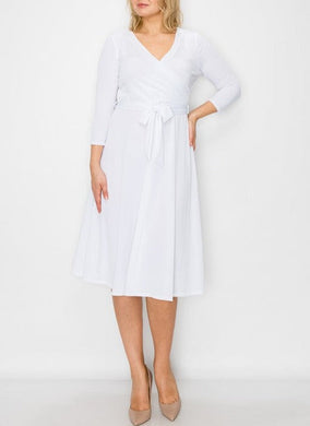 Plus Size 3/4 Sleeve White Belted Wrap Dress