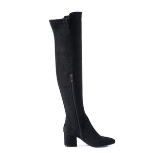 2.5 Inch Heel Black Thigh High Suede Over The Knee Stretch Boot