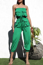 Load image into Gallery viewer, Cargo Style Black Strapless Belted Jumpsuit