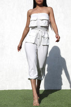 Load image into Gallery viewer, Cargo Style White Strapless Belted Jumpsuit