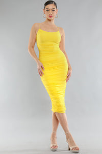 Monaco Chic Yellow Sleevless Ruched Midi Dress