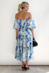 Florence of Italy Light Blue Floral Puff Sleeve Maxi Dress