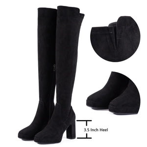 3.5 Inch Heel Black Thigh High Suede Over The Knee Stretch Boot
