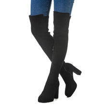 Load image into Gallery viewer, 3.5 Inch Heel Black Thigh High Suede Over The Knee Stretch Boot