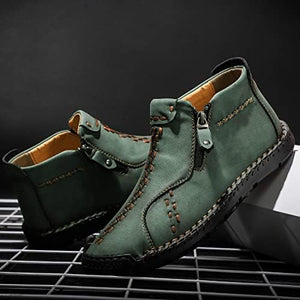 Men's Hand Stitched Khaki Leather Textured Boots