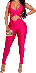 Hot Pink Criss Halter Sleeveless Bodycon Jumpsuit