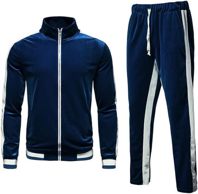 Men's Navy Blue Velvet Long Sleeve Jacket/Pants Jogging Sweatsuit/Tracksuit