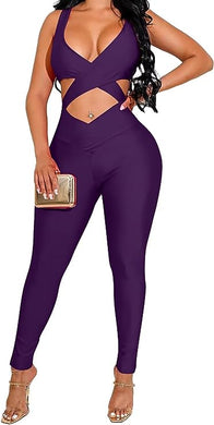 Purple Criss Halter Sleeveless Bodycon Jumpsuit