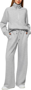 Comfy Knit White Half Zip Long Sleeve Sweatsuit Pull Over & Pants Set