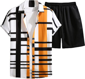 Men's Black/Beige Geometric Short Sleeve Shirt & Shorts Set