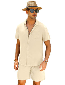 Casual Men's Apricot Vacation Style Shirt & Shorts Set