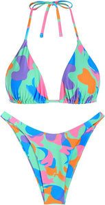 Pink Blue Printed High Cut Two Piece Bikini Swimsuit