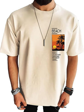 Men's Beige Sunset Graphic Printed Short Sleeve T-Shirt