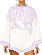 Load image into Gallery viewer, Soft Knit Pullover Long Sleeve White/Black Striped Sweater &amp; Shorts Set