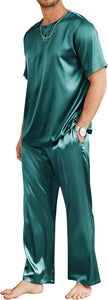 Men's Grey Satin Silk Short Sleeve Shirt & Pants Pajamas Set
