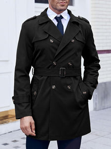 Wall Street Men's Black Double Breasted Lightweight Belted Trench Coat