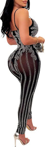 Rhinestone Embroidered Mesh Black Floral Bodycon Jumpsuit