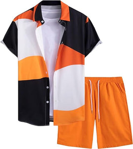 Men's Brown/White Geometric Short Sleeve Shirt & Shorts Set