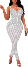 Load image into Gallery viewer, Rhinestone Embroidered Mesh Black Floral Bodycon Jumpsuit