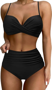 Padded Black Push up High Waisted Two Piece Swimsuit