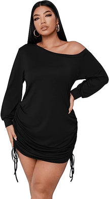 Plus Size Black Knit Off Shoulder Long Sleeve Mini Dress