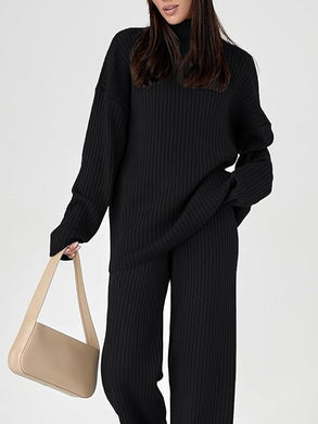 Buttery Soft Turtleneck Black Knit Long Sleeve Pullover Long Sleeve Top & Pants Set