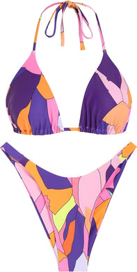 Purple Pink Printed High Cut Two Piece Bikini Swimsuit