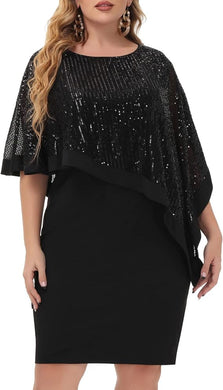 Plus Size Cape Style Glitter Black Sequin Mini Dress