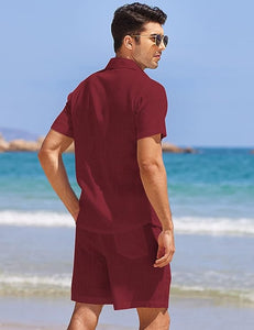Men's White Linen Drawstring Casual Short Sleeve Shorts Set