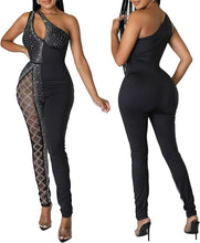 Load image into Gallery viewer, Sparkled One Shoulder Rhinestone Embroidered Black Mesh Jumpsuit
