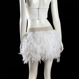 White Handmade Italian Feathers Stretch High Waist Mini Skirt
