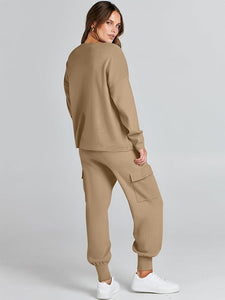 Winter Knit Brown Cargo Jogger Sweatsuit Long Sleeve Top & Pants Set