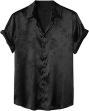 Load image into Gallery viewer, Men&#39;s Satin Dark Green Floral Short Sleeve Button Down Shirt