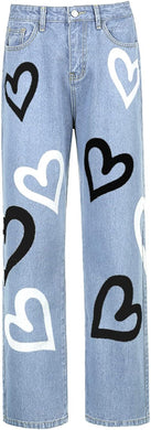 Heart Printed Black, White Blue High Waist Straight Leg Denim Jeans