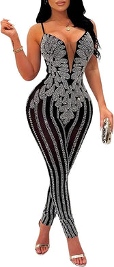 Rhinestone Embroidered Mesh Black Floral Bodycon Jumpsuit