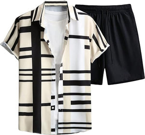 Men's Blue/White Geometric Short Sleeve Shirt & Shorts Set