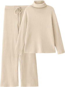 Buttery Soft Turtleneck Beige Knit Long Sleeve Pullover Long Sleeve Top & Pants Set