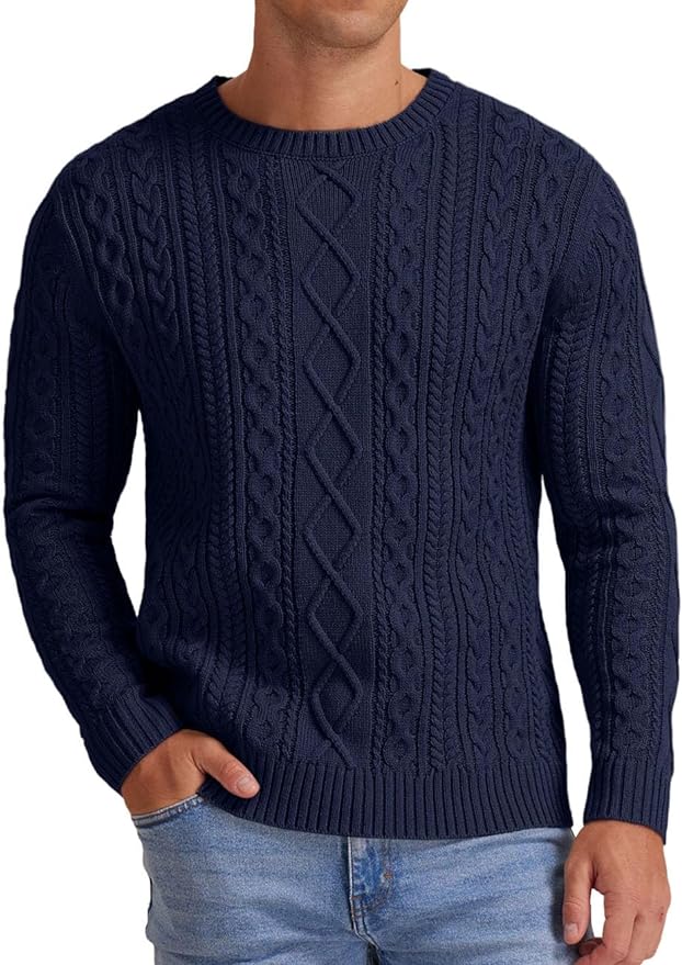 Men's Long Sleeve Navy Blue Cable Knit Casual Sweater