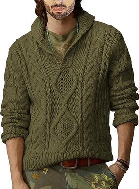 Men's Army Green Cable Knit Long Sleeve Button Neck Sweater