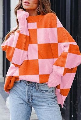 Slouchy Checkered Pink/Orange Loose Fit Warm Oversized Long Sleeve Sweater