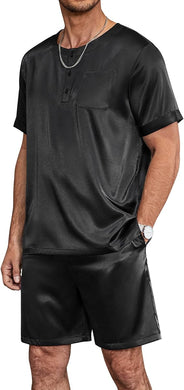 Men's Satin Solid Black Pajama Short Sleeve Top & Pants Set