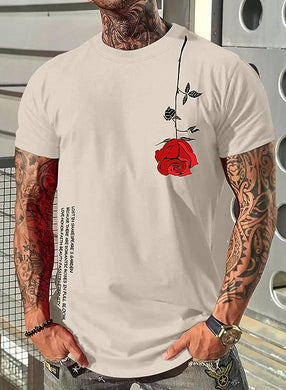 Men's Khaki Rose Graphic Printed Short Sleeve T-Shirt